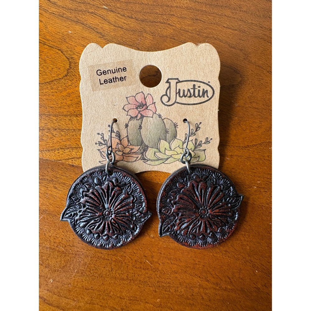 Justin Womens Genuine Leather Floral Tooled Drop‎ Earrings Brown Western NWT